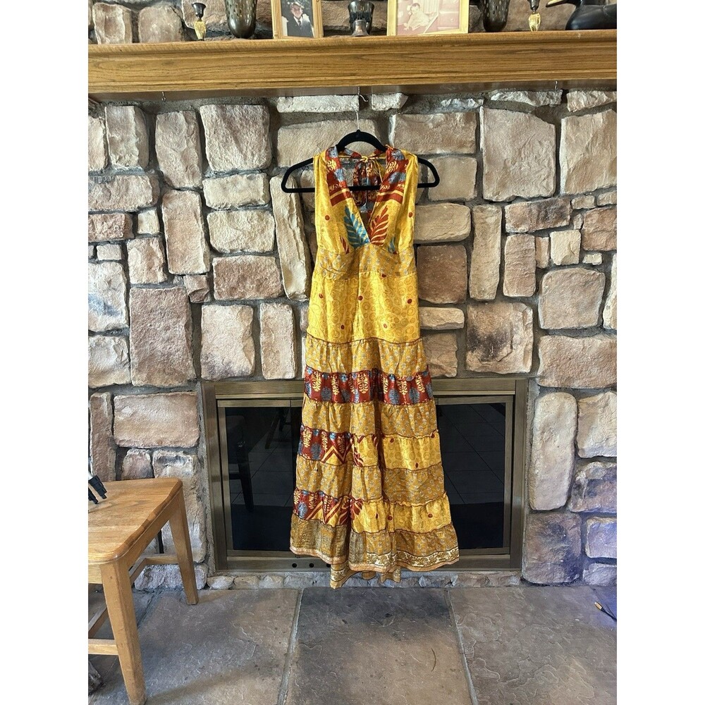 VTG 90s Y2K Junglee Billee Gold Boho Halter Maxi Dress OS/L Womens Slip Back Tie